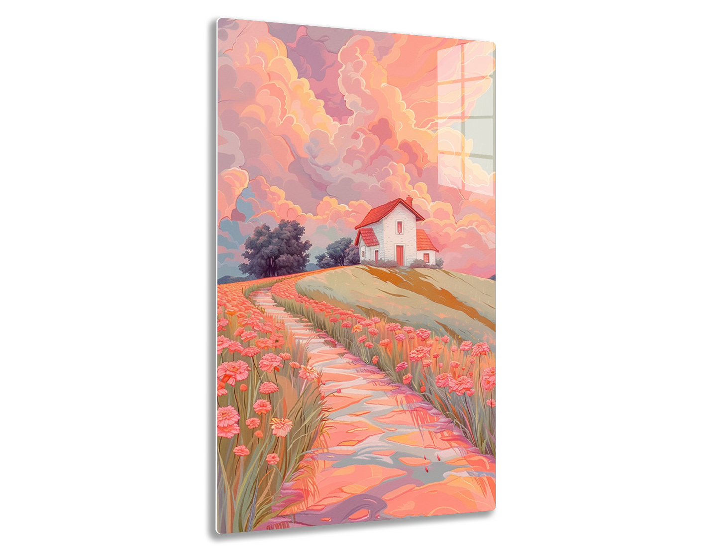 A countryside scene with a red-roofed white house on a hill, surrounded by rolling fields of pink and red flowers leading towards it, against a dramatic cloudy sunset sky with shades of pink, orange and purple.
