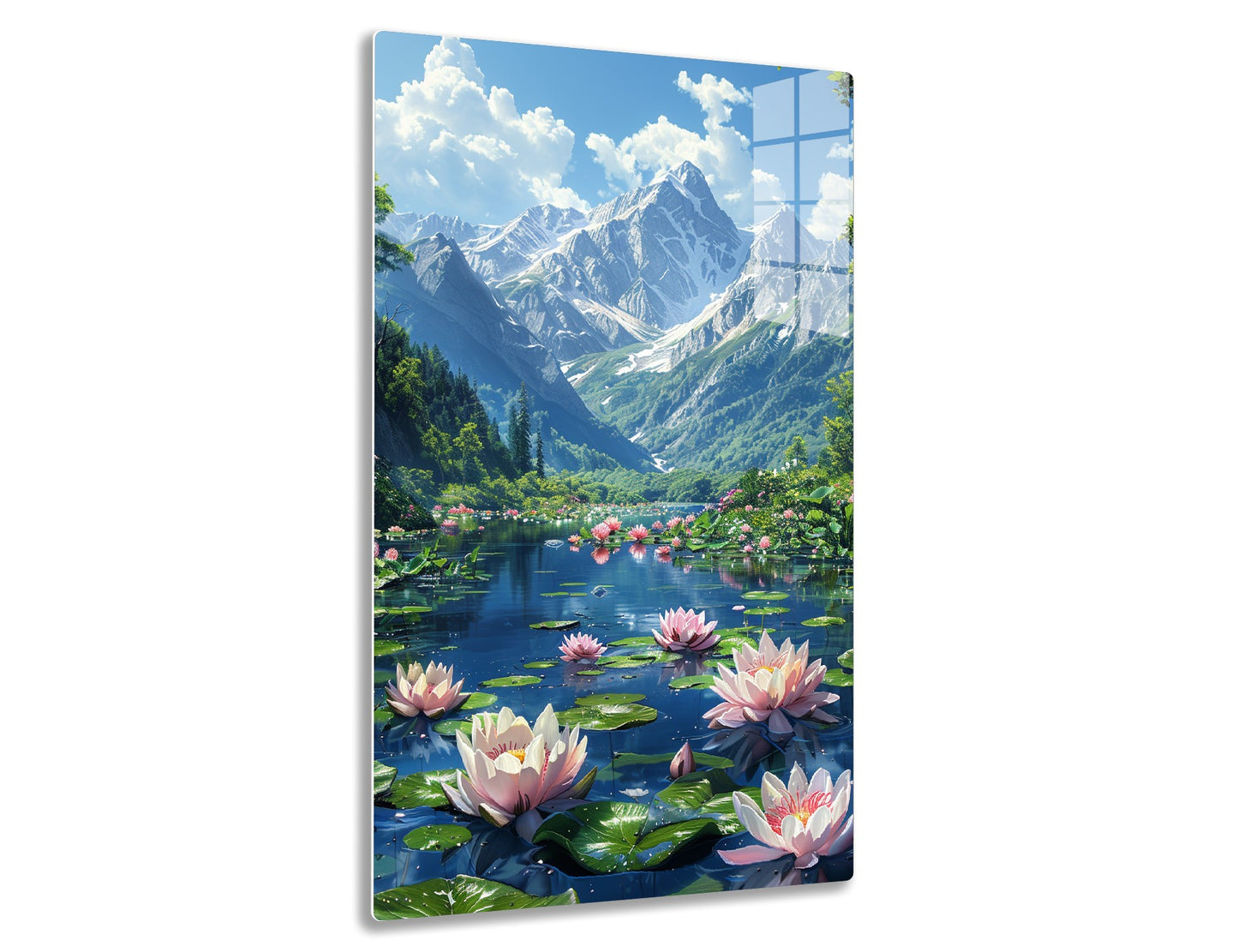 A serene mountain lake surrounded by snow-capped peaks and lush greenery, with vibrant pink and white water lilies adorning the calm waters, creating a picturesque and tranquil scene.
