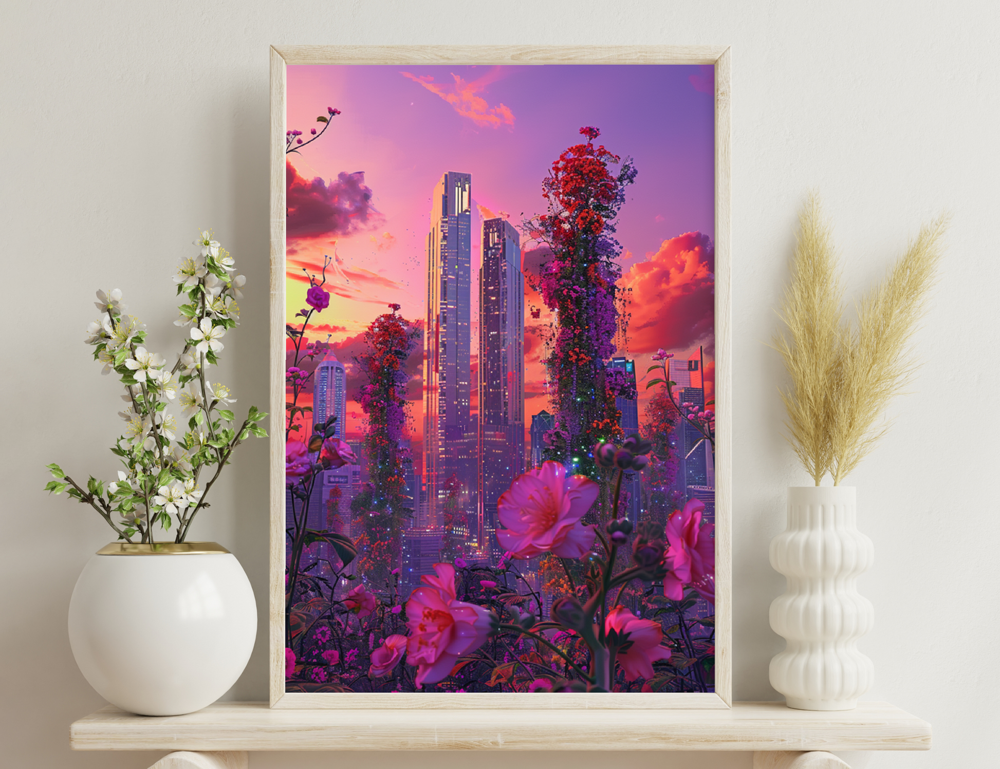 A surreal cityscape with towering skyscrapers amidst vibrant, blooming flowers and trees against a dramatic pink and orange cloudy sky, blending urban and natural elements in a whimsical, dreamlike atmosphere.
