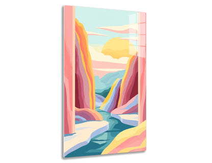 A stylized landscape illustration featuring abstract rocky cliffs in warm colors of pink, yellow, and purple against a serene blue sky and river winding through a mountainous valley.
