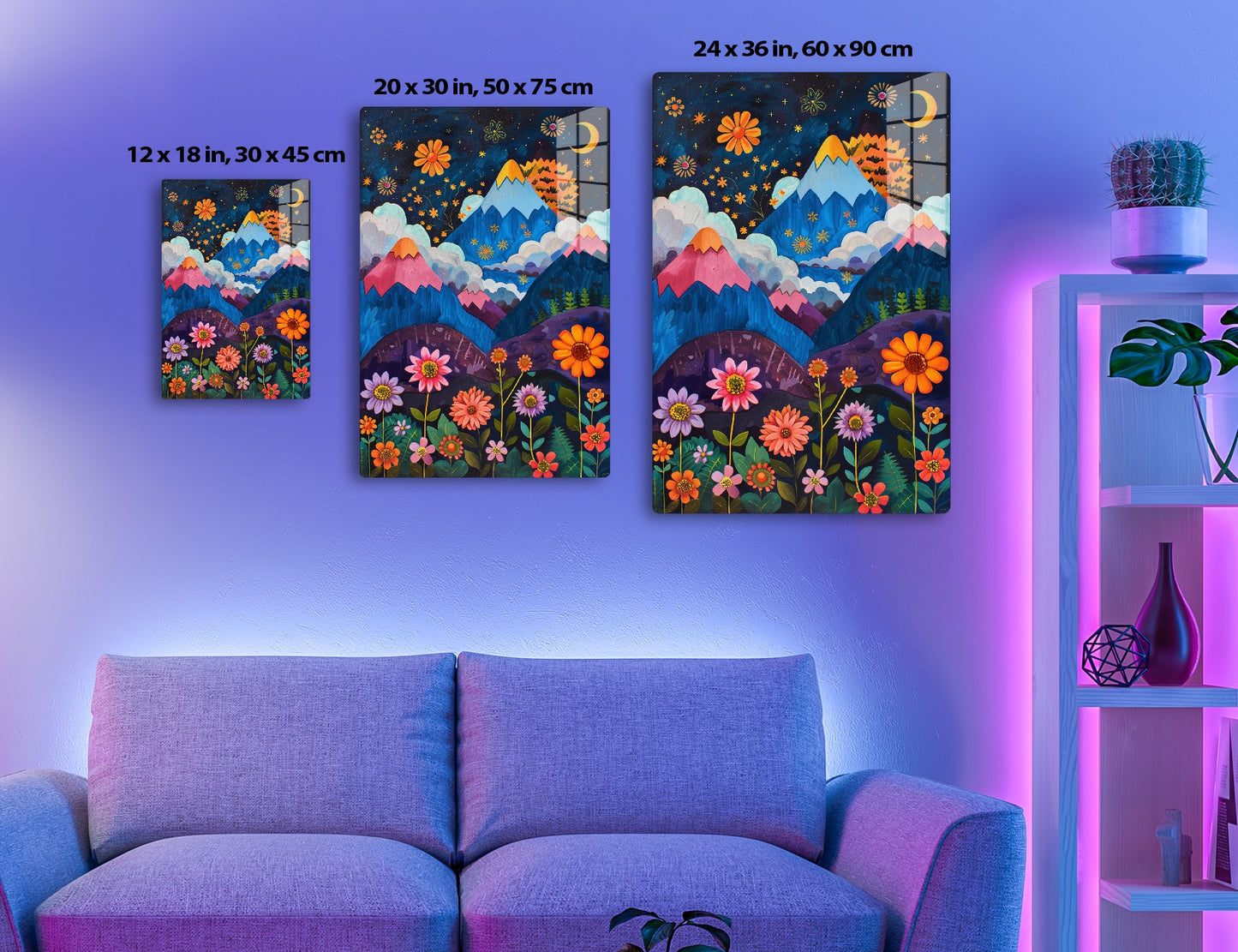 A vibrant landscape with mountains, moon, stars and stylized flowers of various warm colors against a deep blue night sky with clouds.
