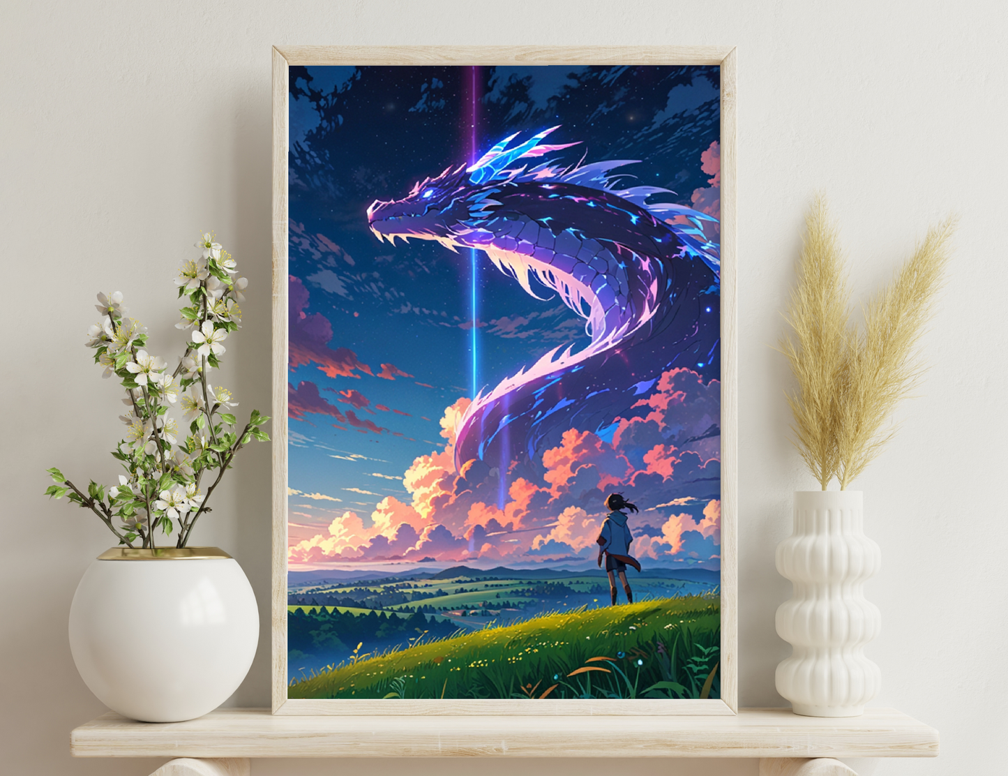 A vibrant and fantastical scene of a massive, ethereal dragon-like creature soaring through the sky, illuminated by a cosmic beam of light, while a small human figure observes in awe from a grassy field below a
