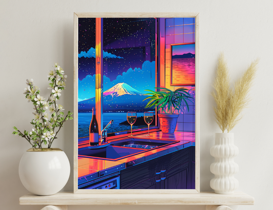 An artistic illustration of a cozy evening view from a kitchen window overlooking Mount Fuji at night. A bottle of wine, two glasses, and a potted plant adorn the windowsill, creating a serene ambiance.
