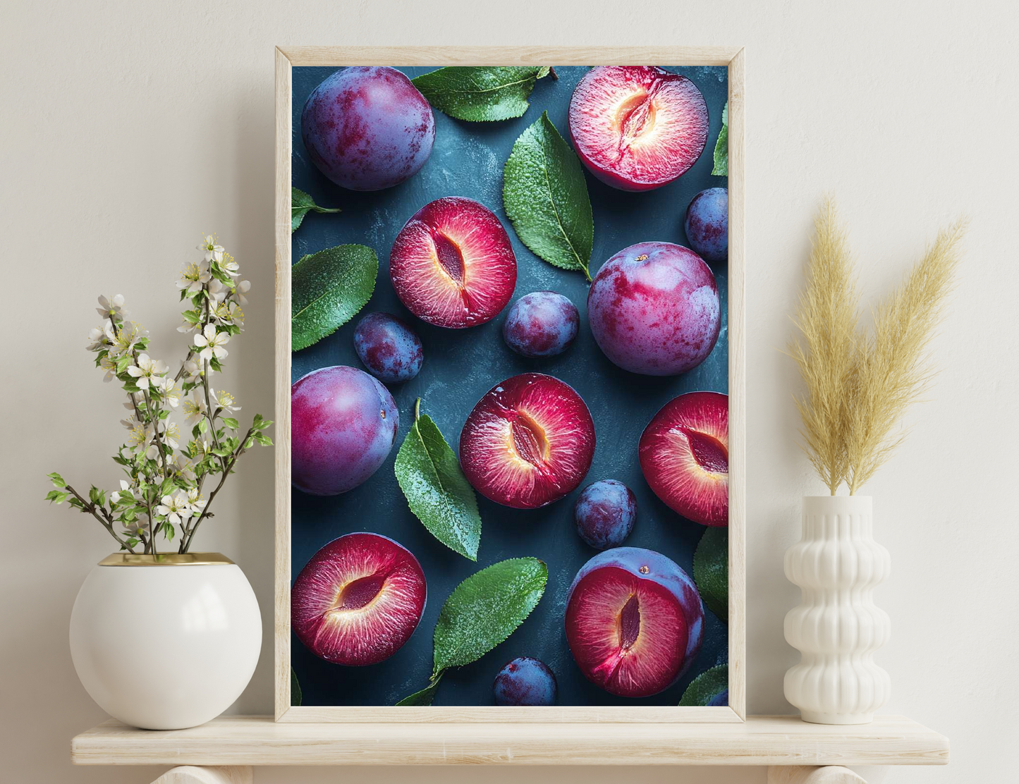 Fresh plums and sliced halves with vibrant red and purple hues on a dark background with green leaves.

