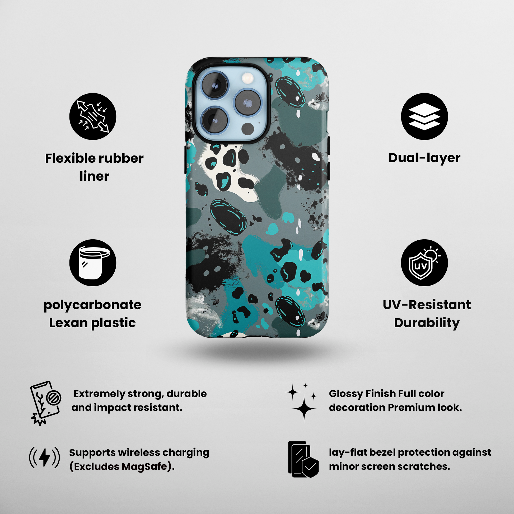 Aqua Abstract (iPhone Case 11-15)Elevate your iPhone's protection and style with RimaGallery's Abstract teal and black speckled pattern On case, featuring dual-layer defense and a sleek, glossy finiRimaGallery