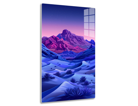 A surreal nighttime landscape with towering purple mountains, blue snow dunes dotted with spiky blue plants, and a starry gradient sky blending from deep blue to vibrant pinks.

