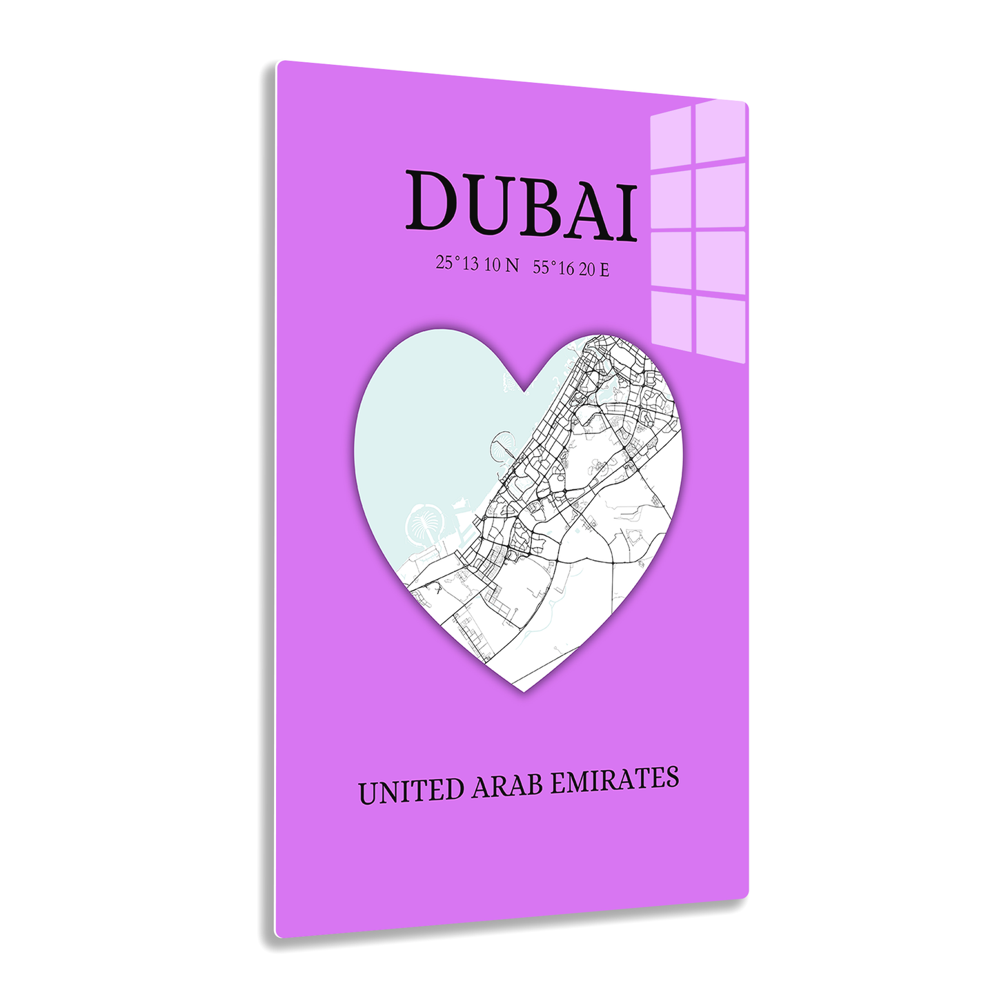 Dubai Heartbeat - Purple (Acrylic)Step into the universe with Vibrant purple Dubai souvenir featuring a heart and map. Acrylic art from RimaGallery. Experience the cosmos in your home with vibrant, eRimaGallery