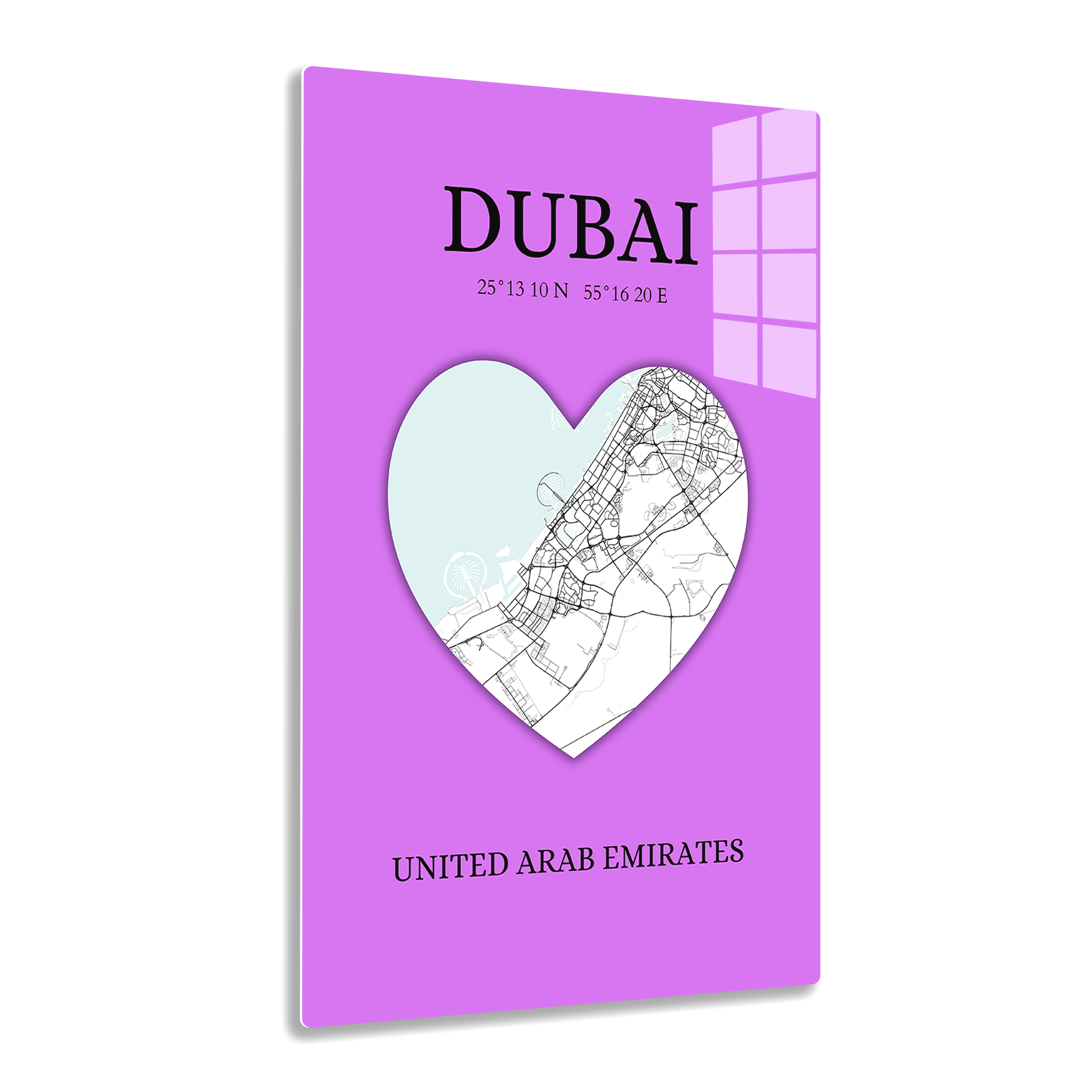 Dubai Heartbeat - Purple (Acrylic)Step into the universe with Vibrant purple Dubai souvenir featuring a heart and map. Acrylic art from RimaGallery. Experience the cosmos in your home with vibrant, eRimaGallery