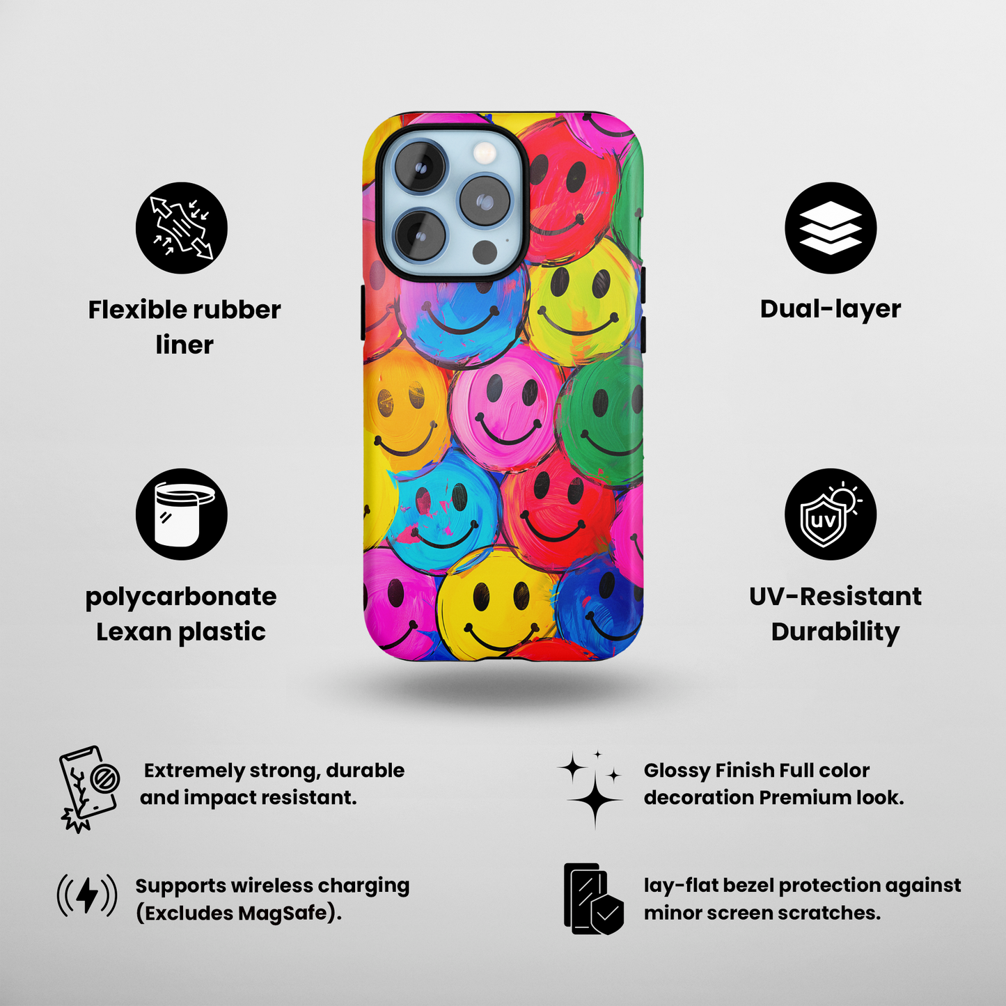 Colorful Smiley Face (iPhone Case 11-15)Elevate your iPhone's protection and style with RimaGallery's Colorful smiley face On case, featuring dual-layer defense and a sleek, glossy finish. Free US shippingRimaGallery