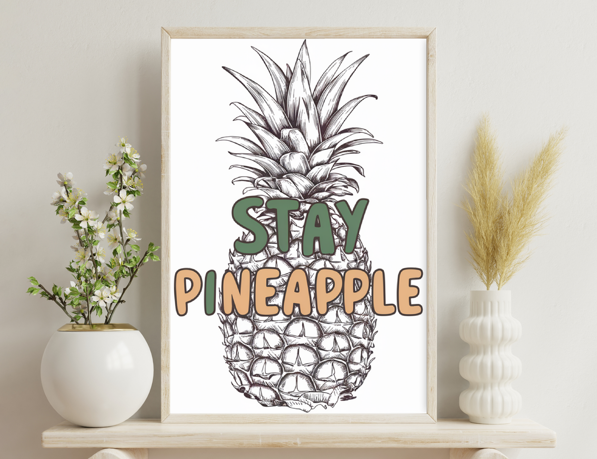 Illustration of a detailed pineapple with text "Stay Pineapple" in a retro style, drawn in black and white with highlights, creating a vintage tropical vibe.
