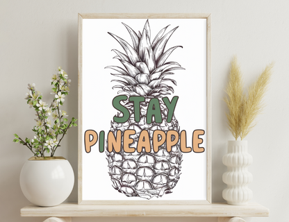 Illustration of a detailed pineapple with text "Stay Pineapple" in a retro style, drawn in black and white with highlights, creating a vintage tropical vibe.
