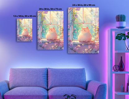 A chubby ginger cat sleeps peacefully on a windowsill surrounded by vibrant, blooming flowers against a dreamy outdoor backdrop.
