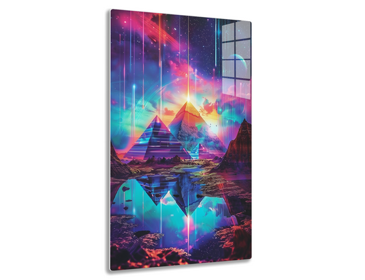 A surreal cosmic landscape depicting ancient pyramids and futuristic elements, awash in vibrant neon colors and celestial energy streams, reflected on a glowing lake under a star-studded sky.
