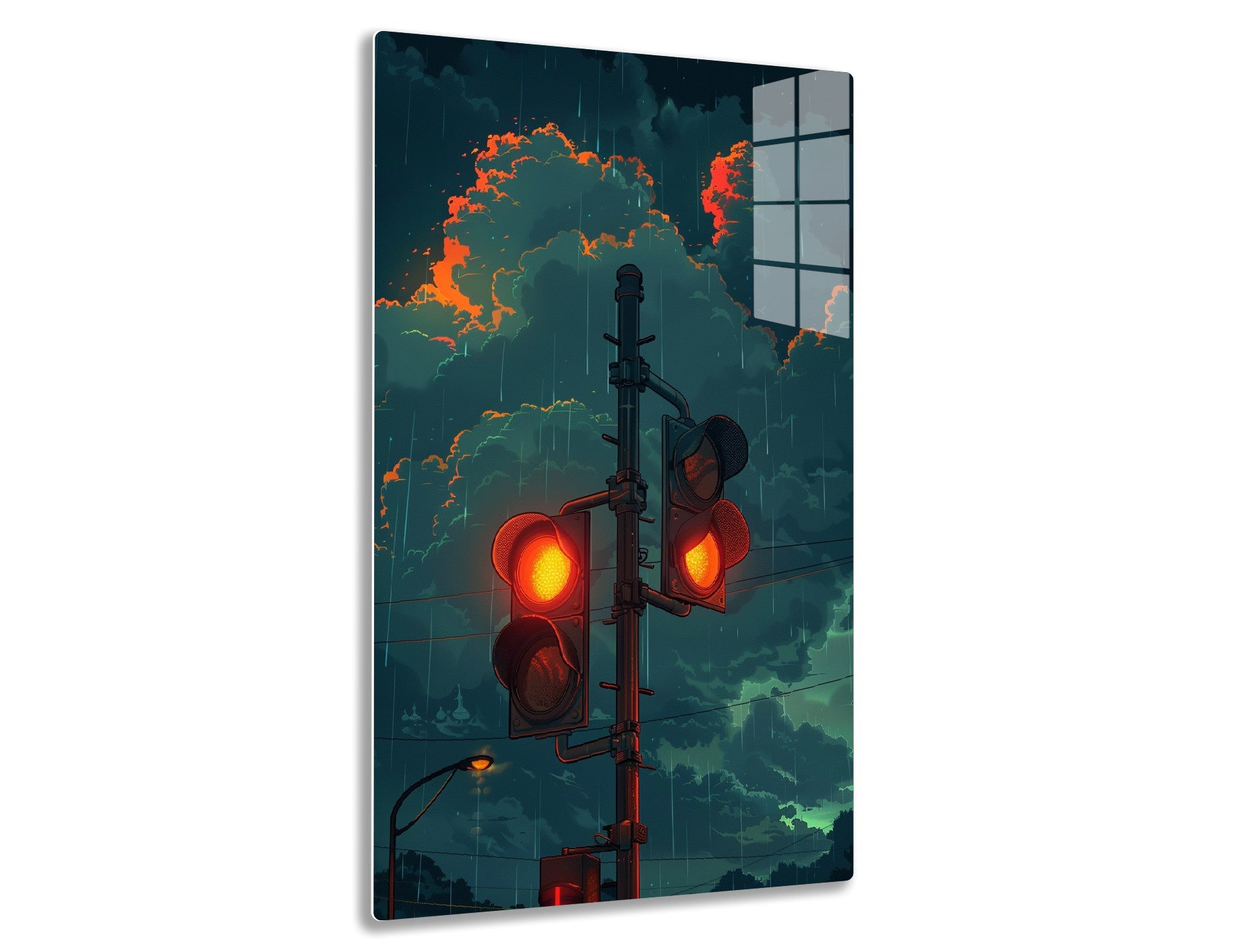 A striking digital illustration of a traffic signal with glowing red lights against a stormy sky with fiery orange clouds and rain, creating a dramatic, apocalyptic atmosphere.
