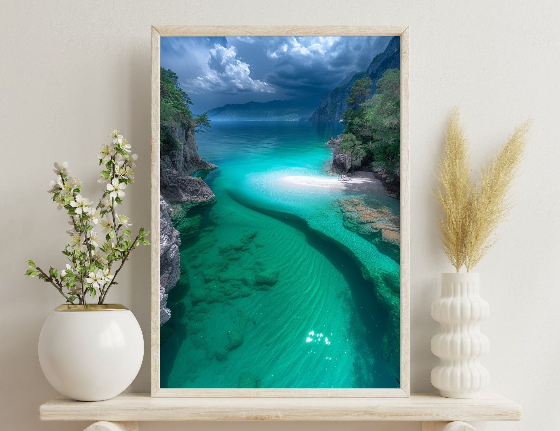 A serene lake nestled in a mountainous valley, with crystal clear turquoise waters reflecting the surrounding cliffs and cloudy sky, creating a breathtaking natural scenery.
