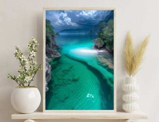 A serene lake nestled in a mountainous valley, with crystal clear turquoise waters reflecting the surrounding cliffs and cloudy sky, creating a breathtaking natural scenery.
