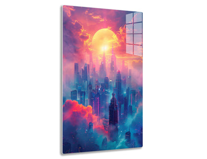 A futuristic cityscape at sunset, with towering skyscrapers silhouetted against a massive, glowing sun amidst vibrant pink and blue clouds, depicting an imaginary, cyberpunk-inspired urban landscape.
