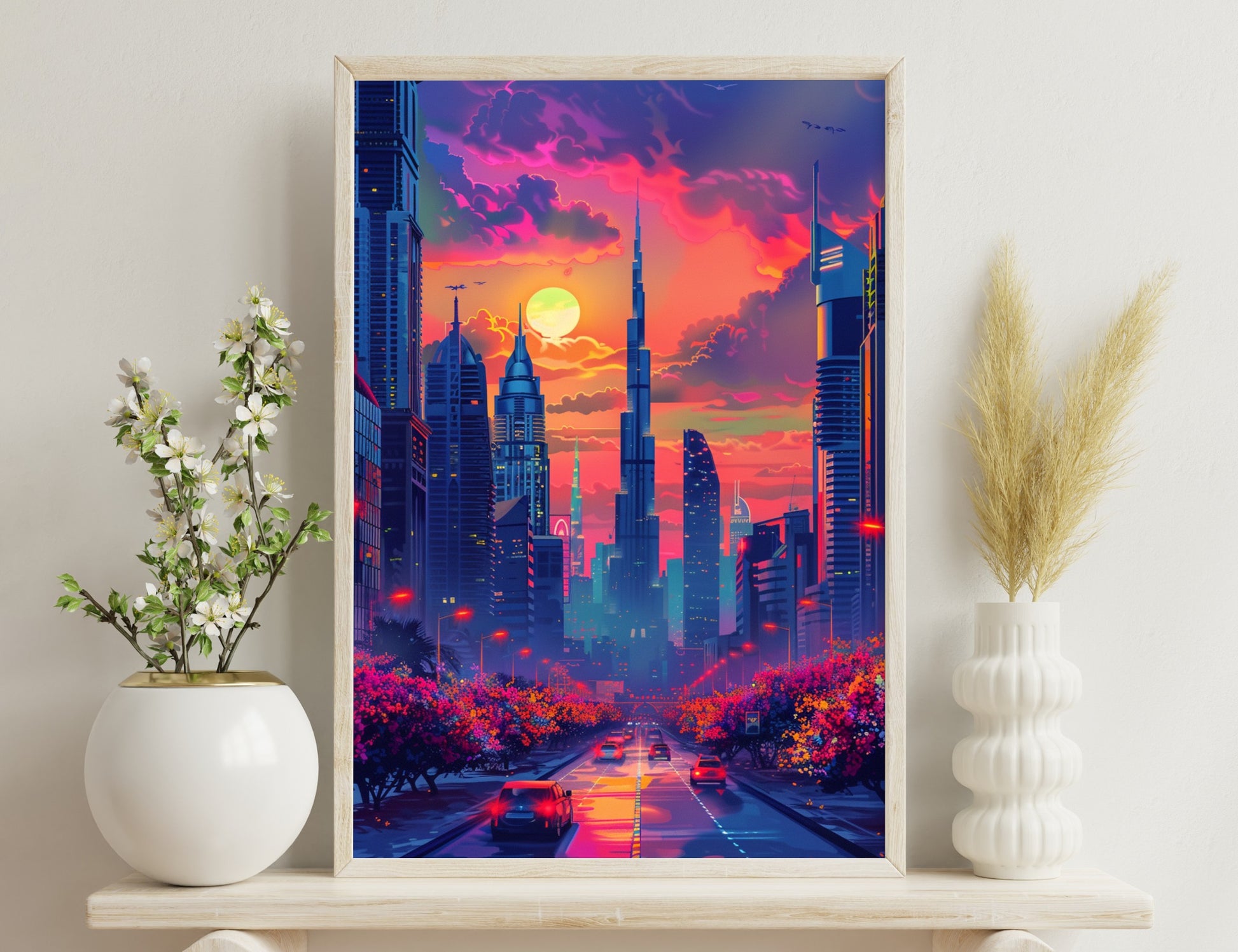 Vibrant sunset over futuristic city skyline with towering skyscrapers, colorful clouds, and blooming trees lining the street with traffic below.
