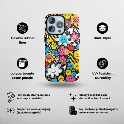 Cheerful Smiley Faces  (iPhone Case 11-15)-Elevate your iPhone's protection and style with RimaGallery'sA playful phone case with a cheerful mix of smiley faces and colorful flowers On case, featuring dual-la-smiley faces