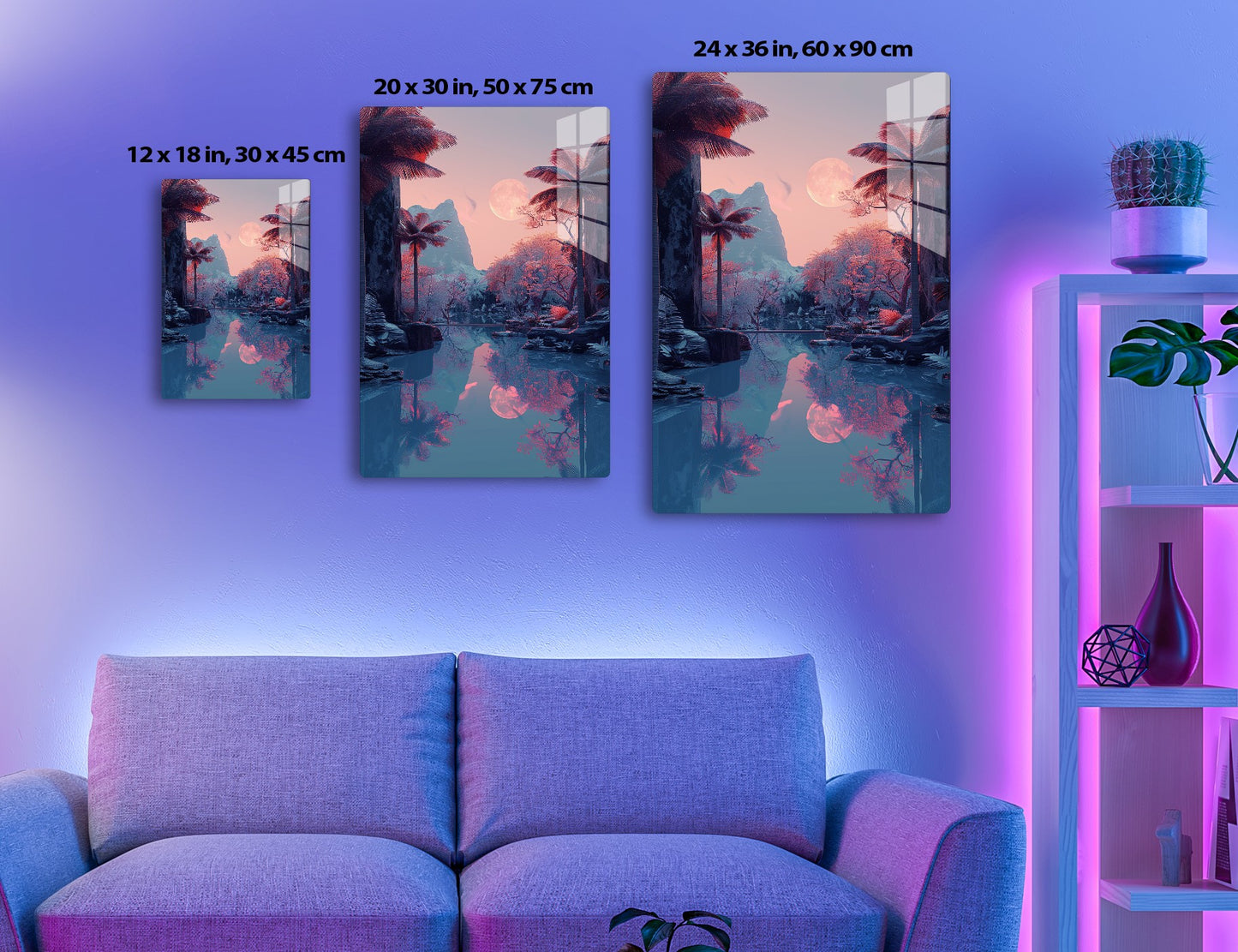 A serene moonlit landscape with pink and blue hues, featuring palm trees, mountains, a pond with reflections, and blossoming trees creating a tranquil, dreamy atmosphere.
