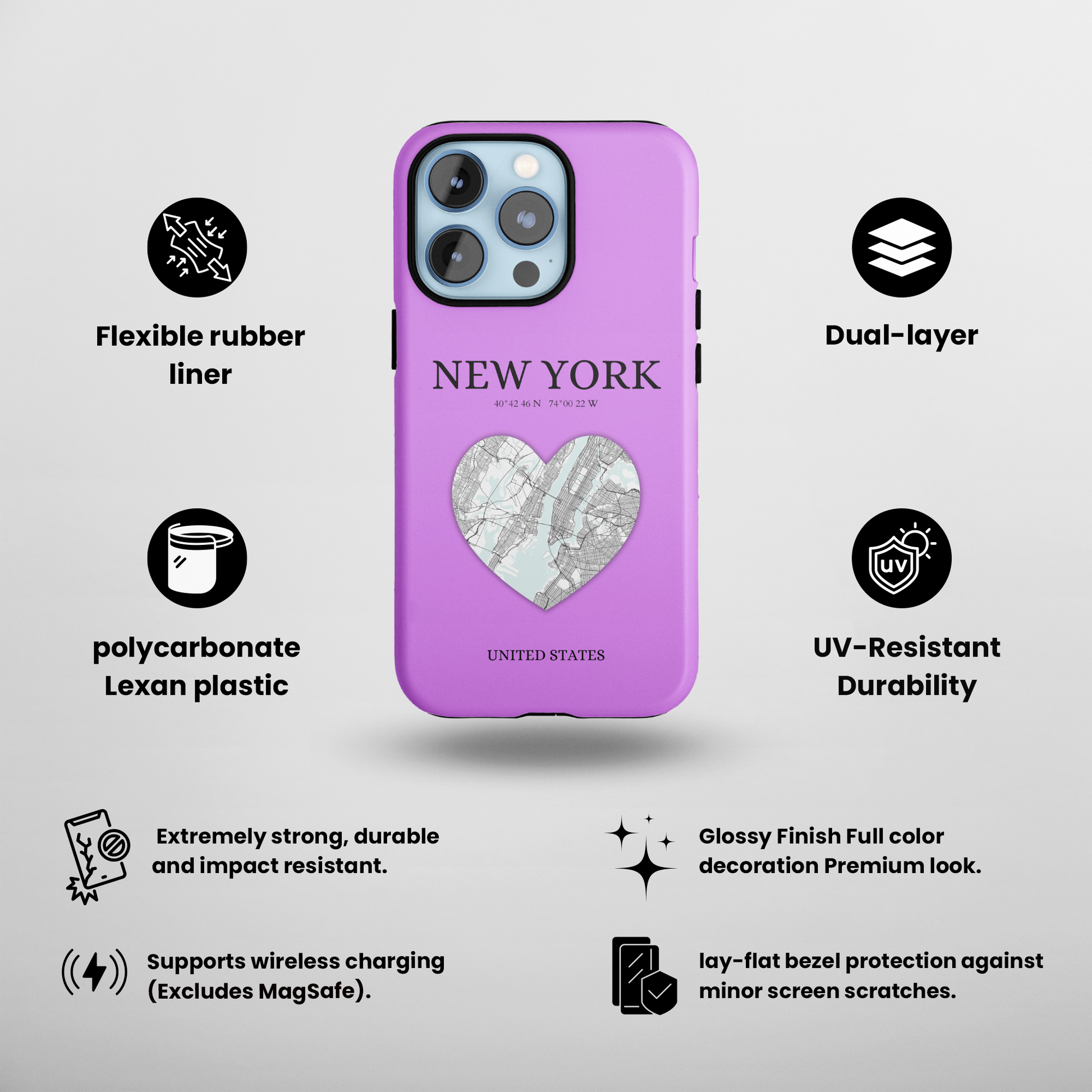 Secure your iPhone 11-15 with RIMA's durable case: Polycarbonate shell, rubber lining for shock absorption, and supports wireless charging-York Heartbeat - Purple (iPhone Case 11-15)