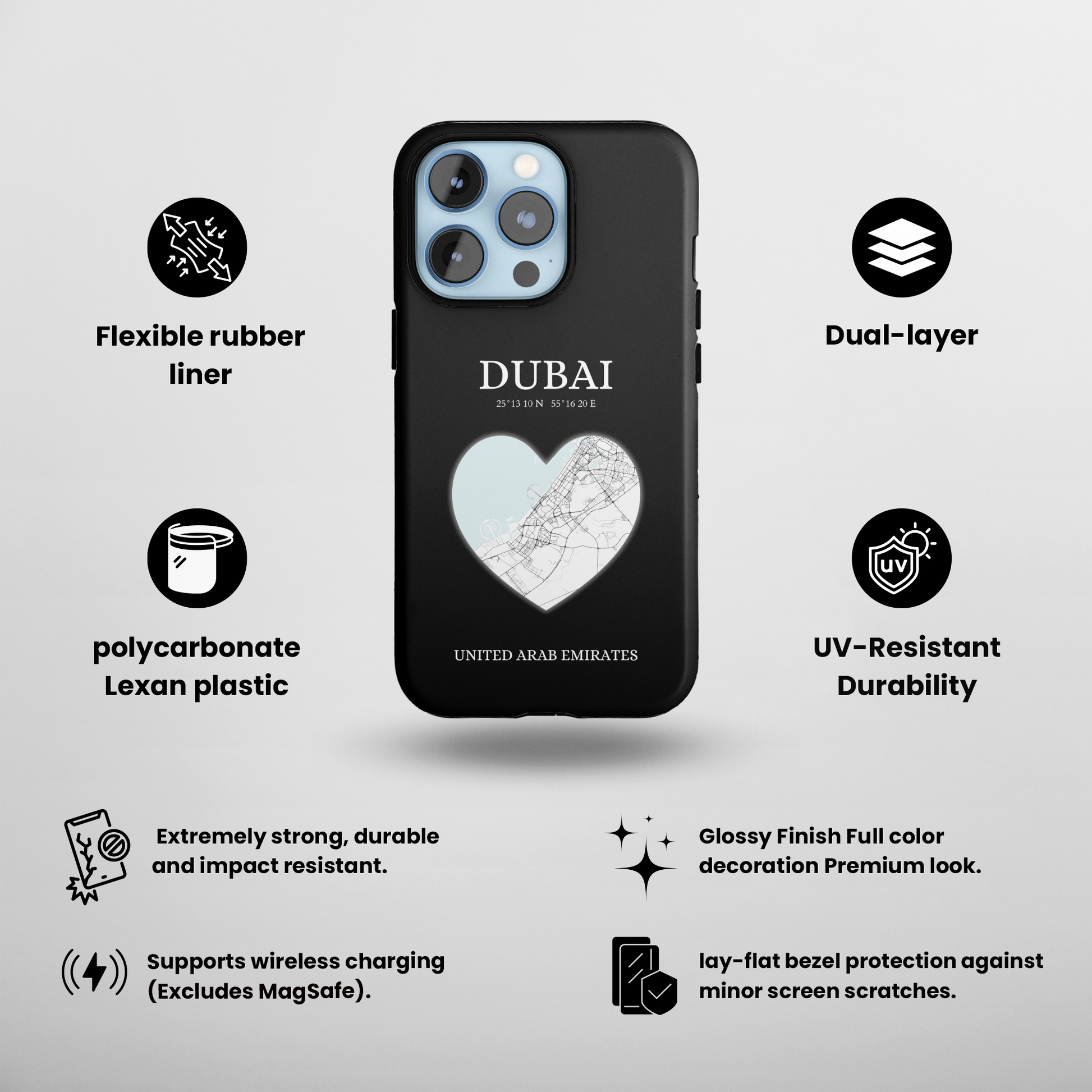 Dubai Heartbeat - Black (iPhone Case 11-15)Elevate your iPhone with RimaGallery's Dubai York Heartbeat case. Sleek design meets durability for stylish protection. Free US shipping.RimaGallery