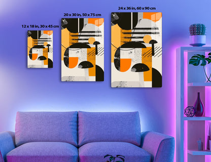 Abstract geometric composition with bold shapes in black, white, orange, and gray colors, featuring circles, lines, dots, and textured patterns, creating a dynamic and modern visual design.
