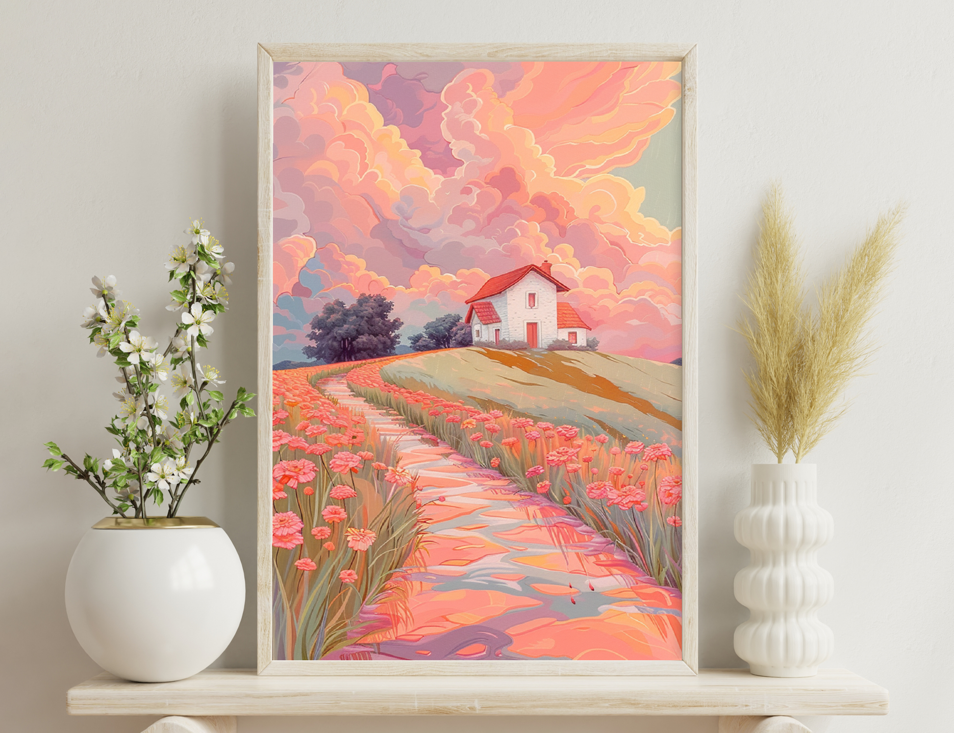 A countryside scene with a red-roofed white house on a hill, surrounded by rolling fields of pink and red flowers leading towards it, against a dramatic cloudy sunset sky with shades of pink, orange and purple.

