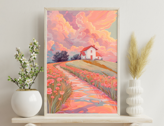 A countryside scene with a red-roofed white house on a hill, surrounded by rolling fields of pink and red flowers leading towards it, against a dramatic cloudy sunset sky with shades of pink, orange and purple.
