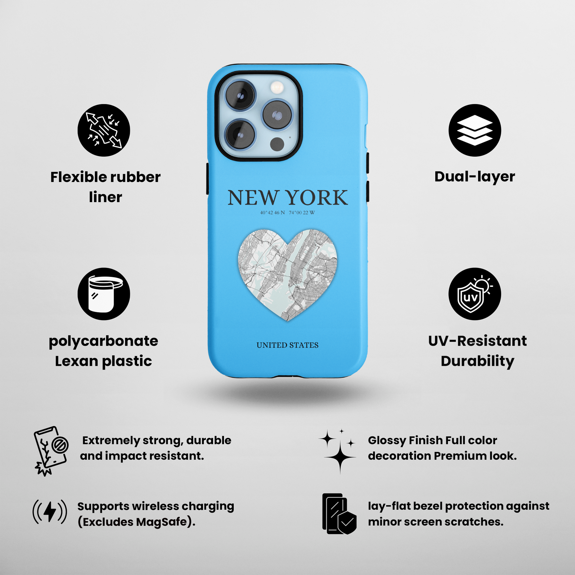 Secure your iPhone 11-15 with RIMA's durable case: Polycarbonate shell, rubber lining for shock absorption, and supports wireless charging-York Heartbeat - Sky Blue (iPhone Case 11-15)