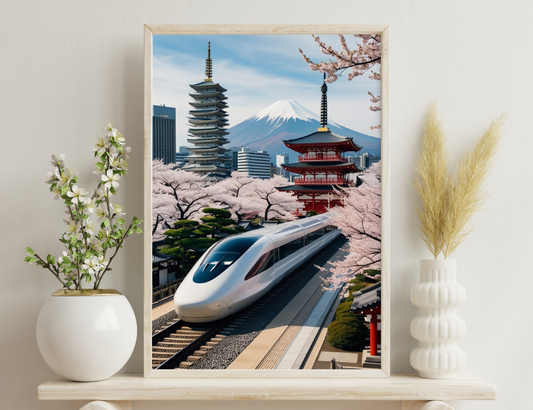 A scenic view of Tokyo with Mount Fuji in the background, cherry blossoms, traditional pagodas, and a modern bullet train in the foreground, blending Japan's rich cultural heritage with its technological advancement.
