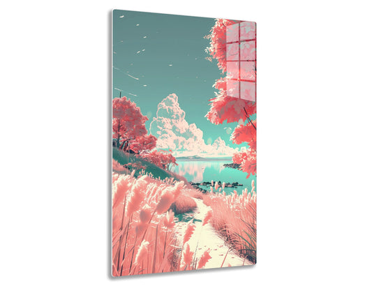 A surreal landscape depicting a serene lake with pink foliage trees reflected in the turquoise waters, towering clouds, and a mountain in the distance, rendered in a vibrant stylized aesthetic.
