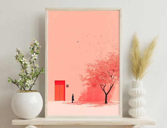 A surreal image with a peach-colored sky, a silhouetted figure standing near a vibrant red door, and a blooming tree with pink blossoms drifting in the air, creating an dreamlike, whi
