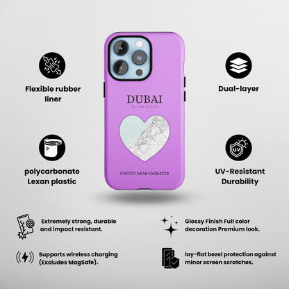 Dubai Heartbeat - Purple (iPhone Case 11-15)Elevate your iPhone with RimaGallery's Dubai York Heartbeat case. Sleek design meets durability for stylish protection. Free US shipping.RimaGallery