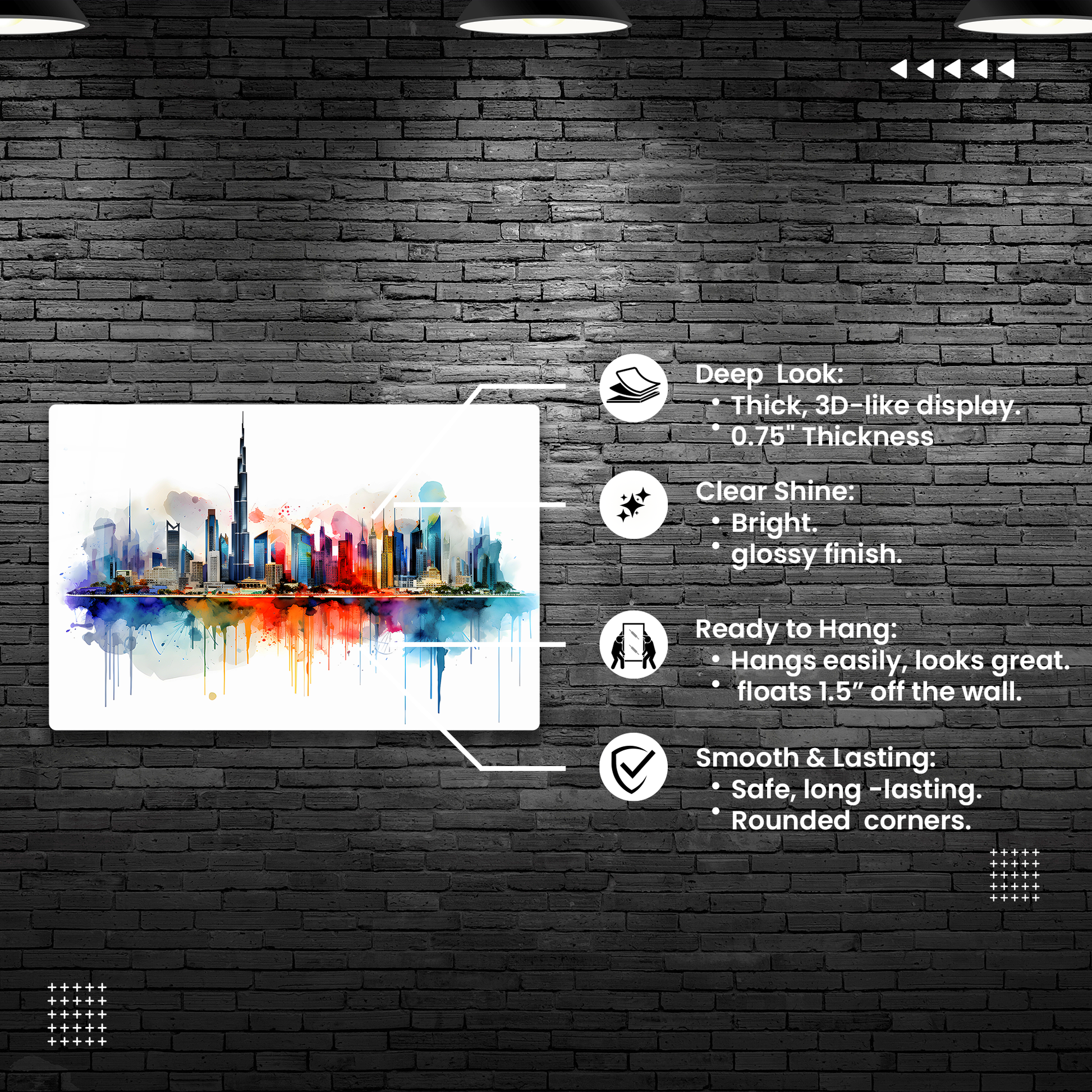 Watercolor Dubai Skyline (Acrylic)Make a statement with Watercolor Dubai Skyline acrylic prints. The 1⁄4" acrylic panel exudes the illusion of a smooth glass surface for vibrant artwork. Pre-installeRimaGallery