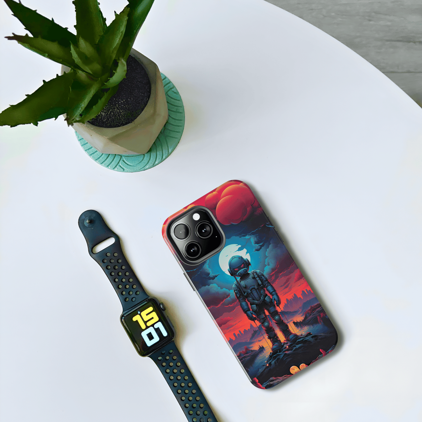 Stellar Sentinel Robot Soldier (iPhone Case 11-15)Guardian of the Galaxy 🌌🤖: Elevate your tech game with our "Stellar Sentinel" phone case, spotlighting a robot soldier, helmeted and vigilant, set against the mesmRimaGallery