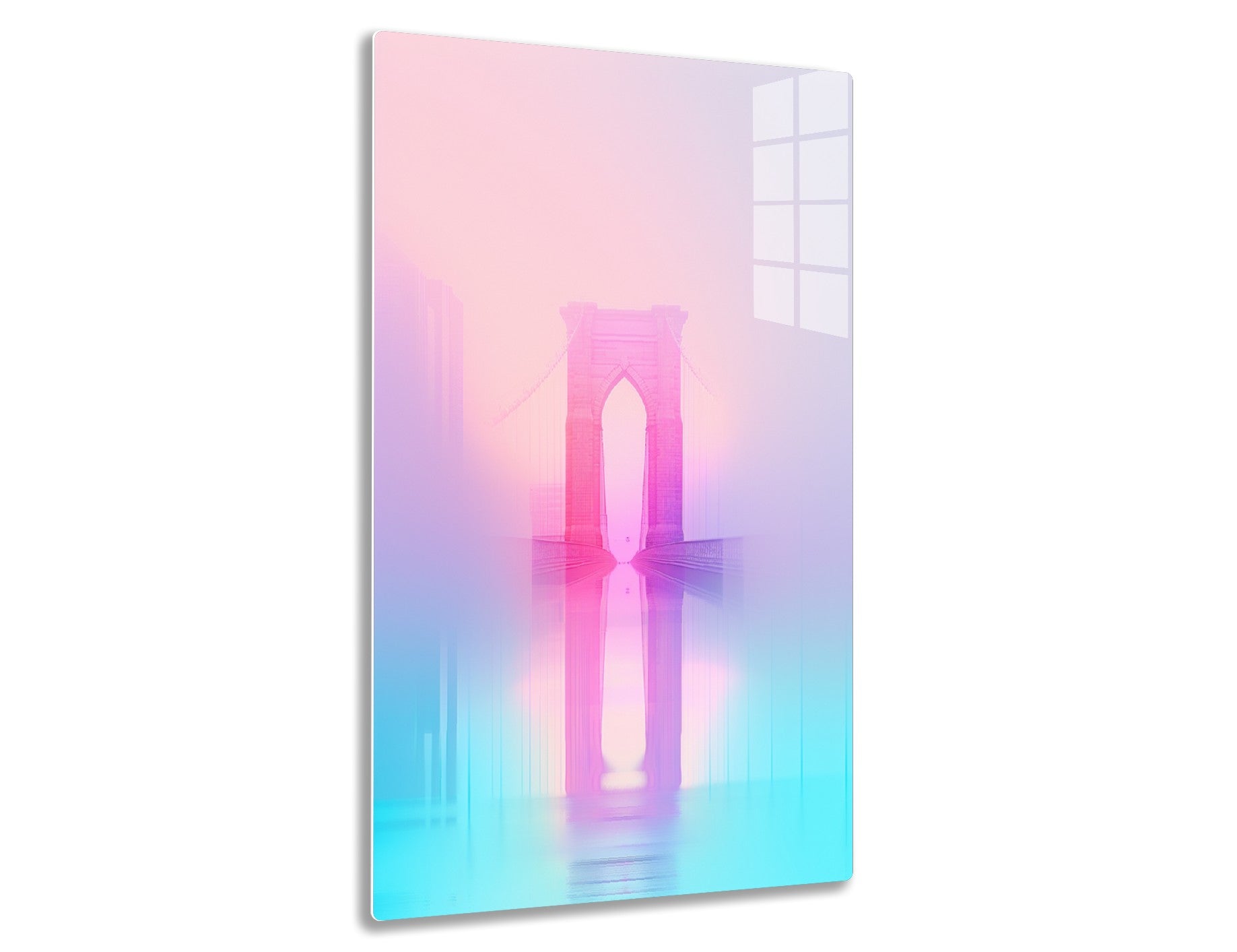 A digitally manipulated image of the Brooklyn Bridge in shades of pink and blue, appearing dreamy and surreal against a blurred cityscape background.
