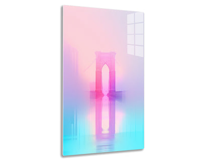 A digitally manipulated image of the Brooklyn Bridge in shades of pink and blue, appearing dreamy and surreal against a blurred cityscape background.
