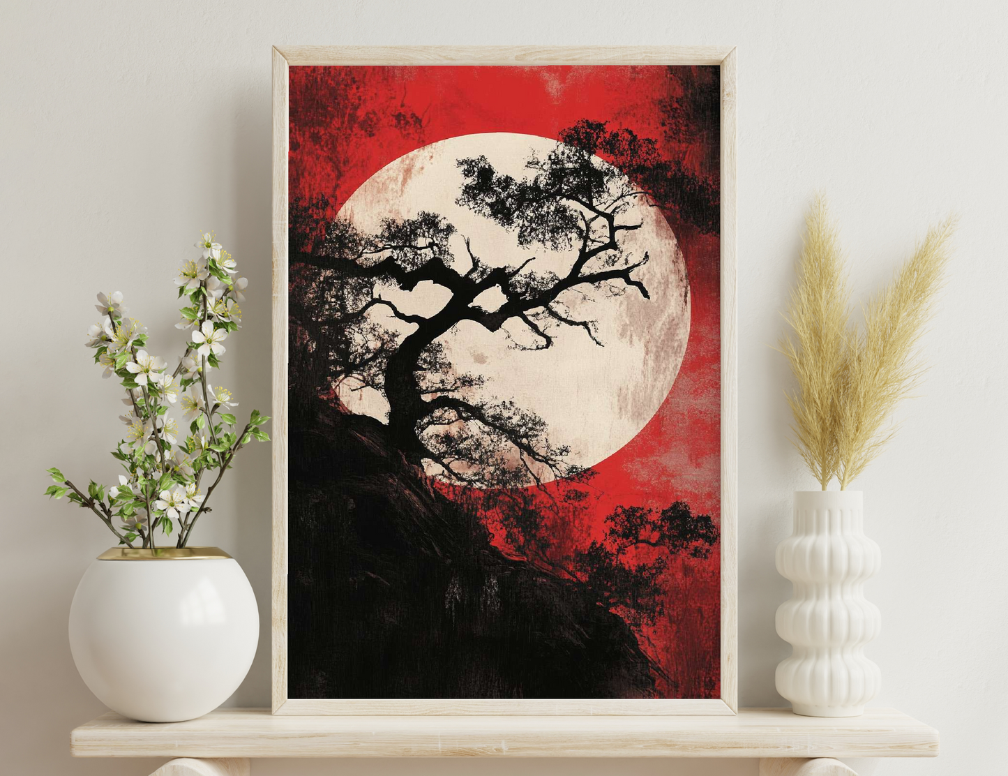 A surreal illustration of a twisted, gnarly tree silhouetted against a large full moon on a red abstract background, creating an eerie, haunting atmosphere.
