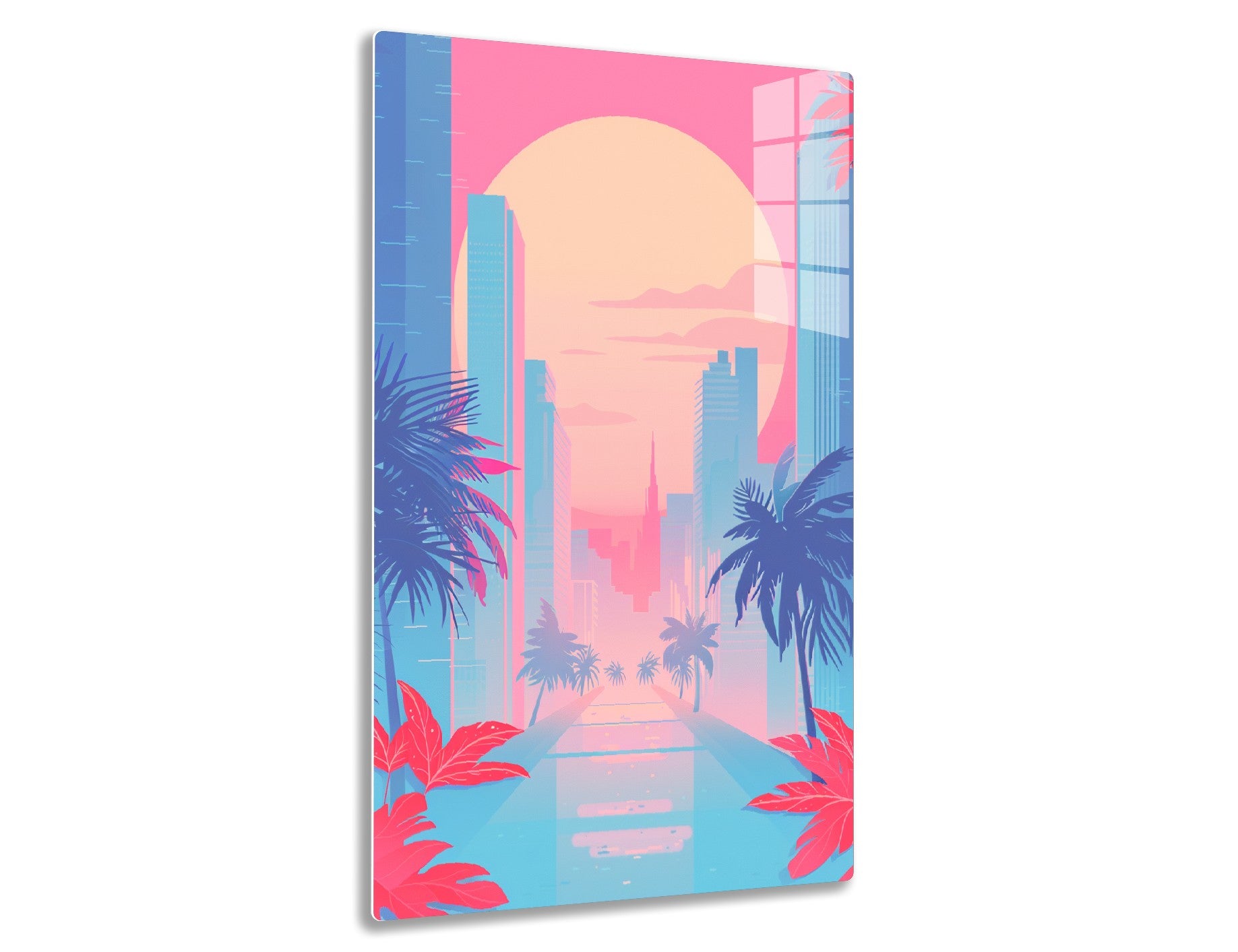 Sunset skyline of a tropical city with modern skyscrapers, palm trees, and vibrant pink and blue colors illustrating a serene and warm atmosphere.
