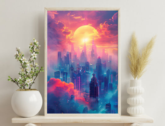 A futuristic cyberpunk cityscape at sunset with towering skyscrapers silhouetted against a massive orange sun amid vibrant pink and blue clouds, creating a stunning and imaginative sci-fi vista.

