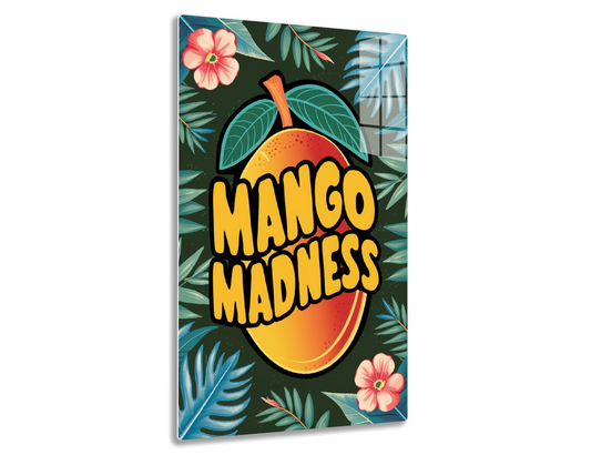 Mango graphic with bright colors, font styling and tropical leaves background suggesting a fun, fruity or tropical theme.
