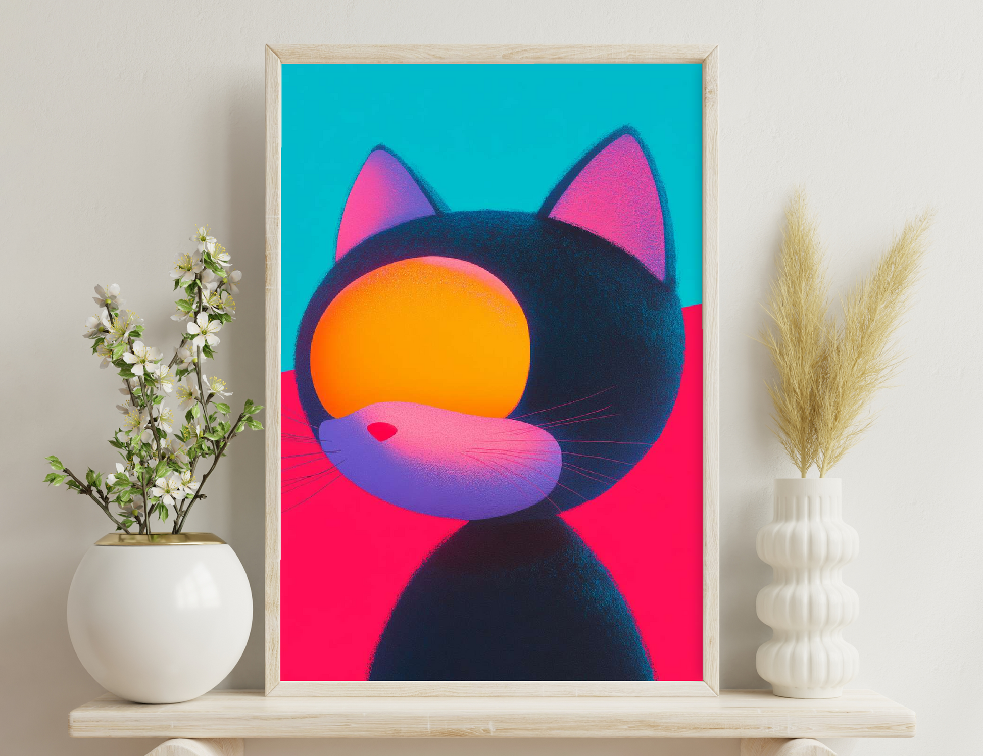 Cat portrait illustration with bold colors - black cat head with pink ears, purple nose, and large orange eye against vibrant blue and red background.
