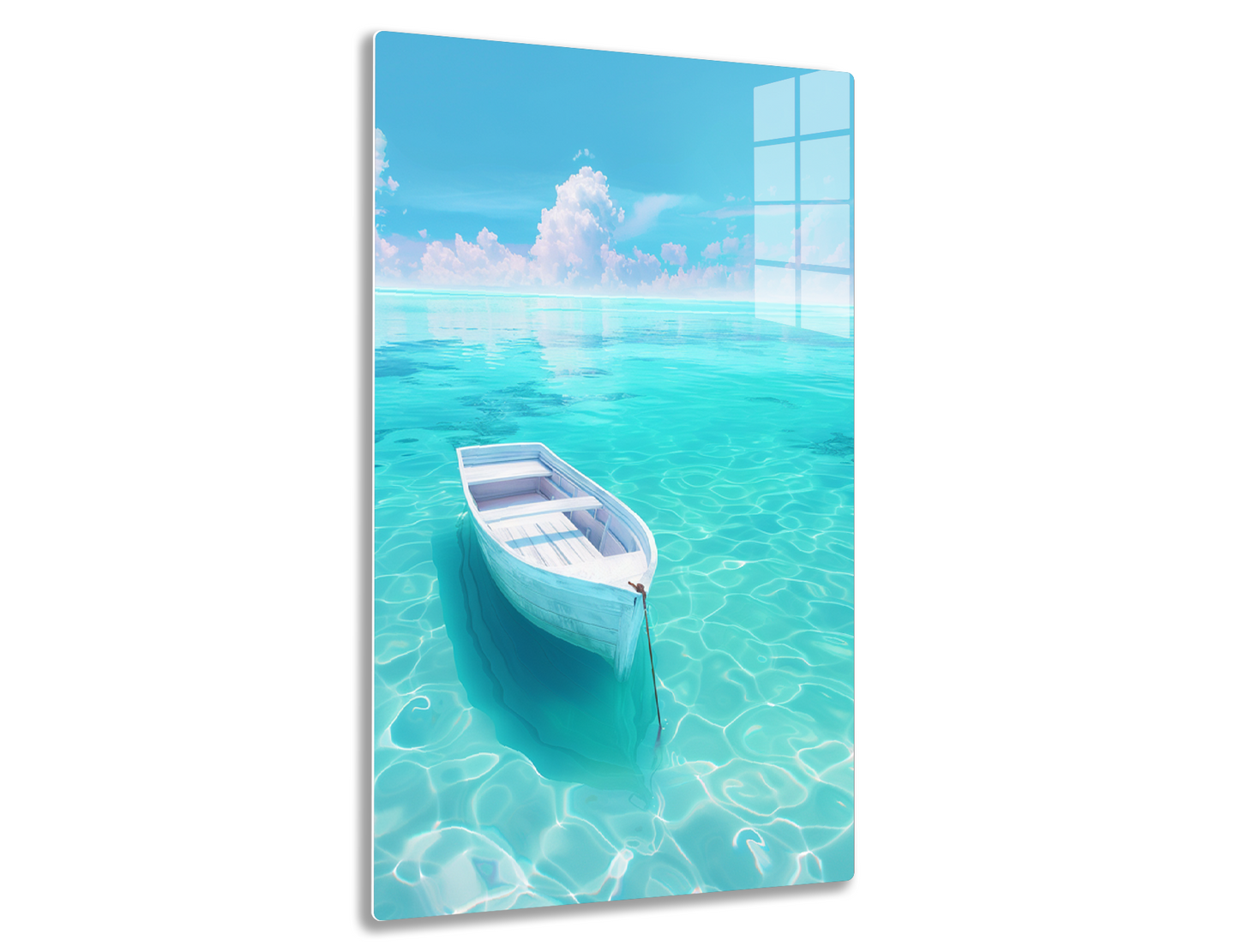 A small white rowboat floats calmly on a serene turquoise sea, with a cloudy sky and distant horizon visible.
