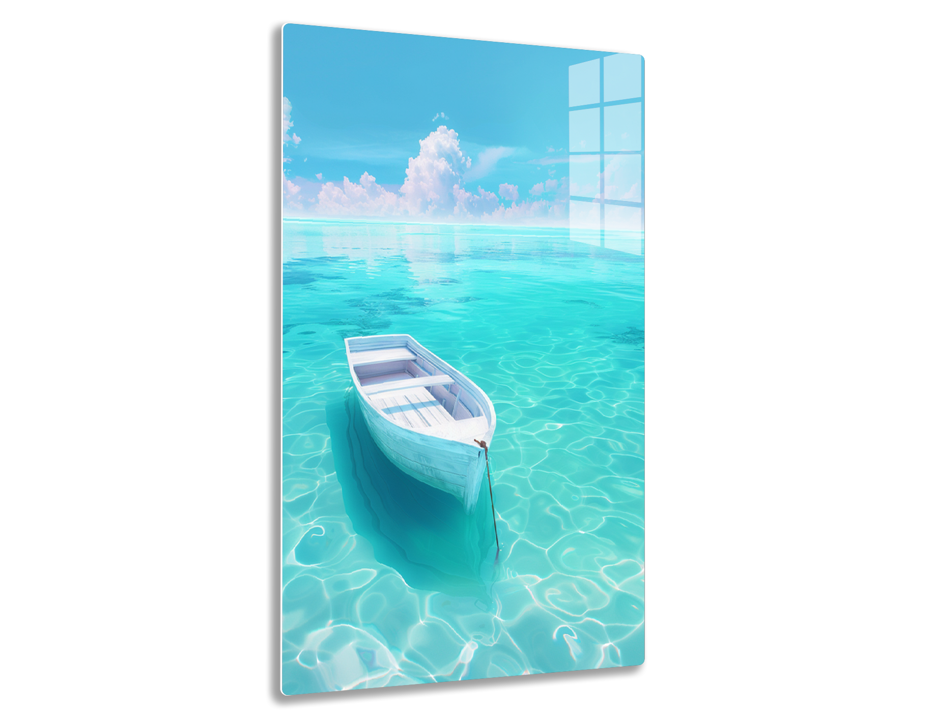 A small white rowboat floats calmly on a serene turquoise sea, with a cloudy sky and distant horizon visible.
