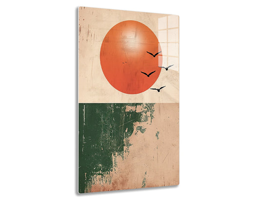 A large orange sun with birds in flight silhouetted against it, contrasted with an abstract green and beige landscape below.
