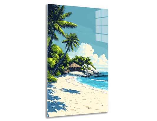 A tropical beach scene with palm trees, a thatched hut on rocky outcrop, white sandy beach, and calm blue waters under a cloudy sky.
