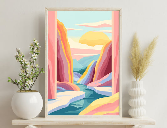 A colorful abstract landscape depicting a canyon or gorge with winding river between towering cliffs bathed in shades of pink, yellow, blue and purple against a serene sky.

