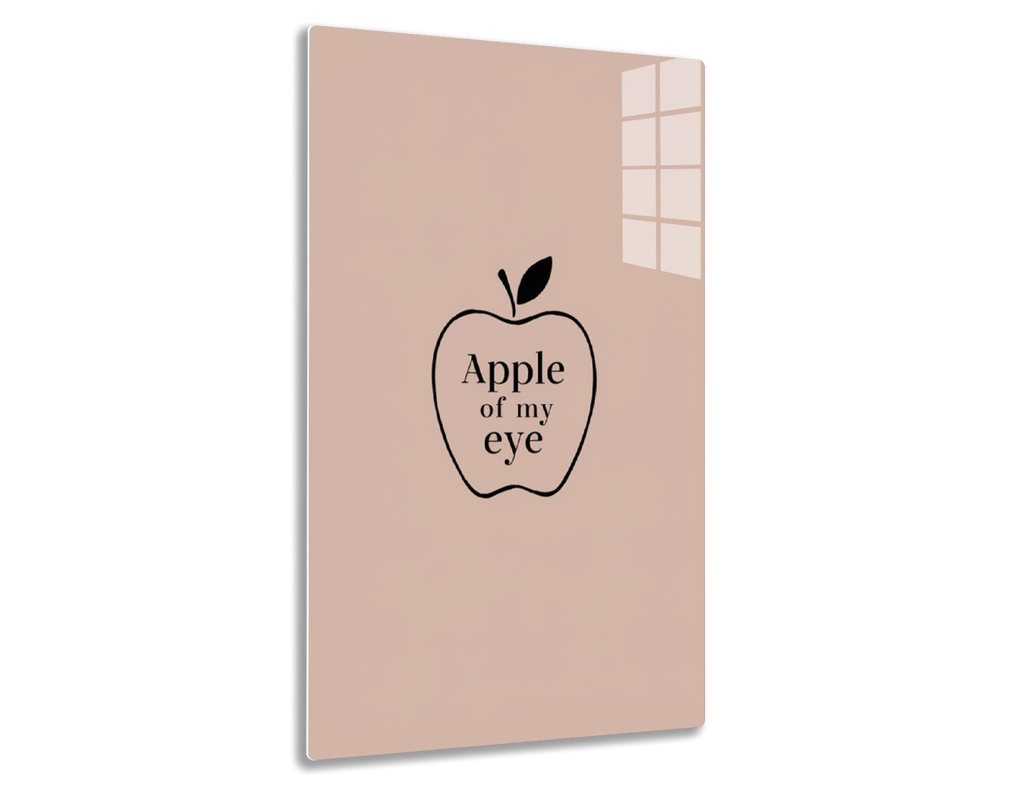 Apple illustration with text "Apple of my eye" on a light pink background
