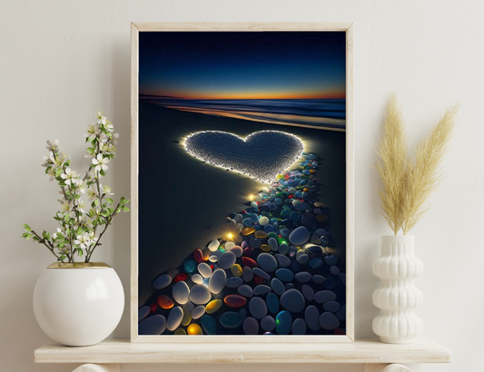 Heart-shaped lights on beach during sunset, with colorful pebbles leading towards it, creating a serene and romantic coastal scene.

